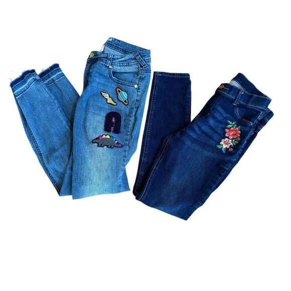 Girls Blue Denim Jeans Jeggings Bundle Set 2PC Embroidered Floral Patches 14 XL - Picture 1 of 10